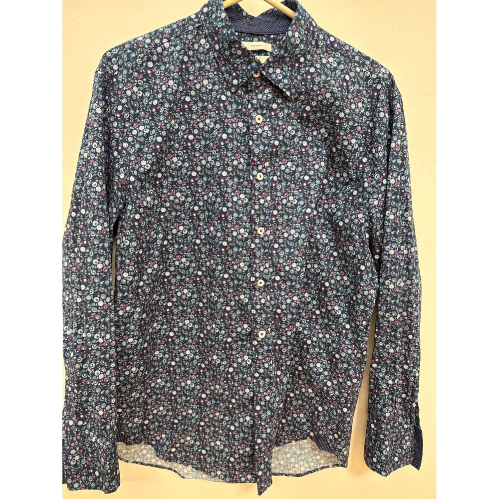 Con.Struct Mens Slim Fit Stretch Floral Button Down Shirt Navy Blue Long Sleeve